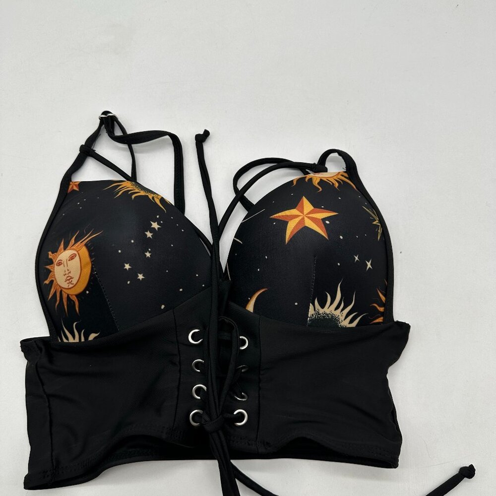EUC Womens Juniors Dressfo Black Sun Moon Swim Top Bikini 4 S Small